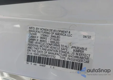 2022 Honda Civic Lx z USA, uszkodzony, nr VIN 19XFL2H56NE013752